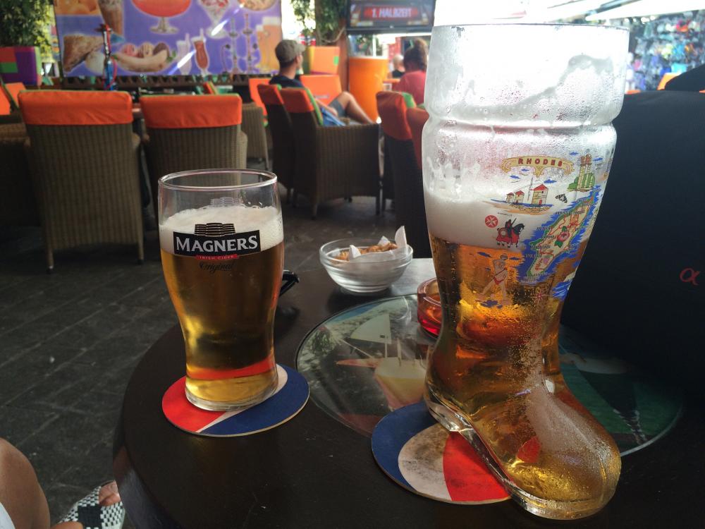 While in Rhodes we ordered a beer, the one on the right  is a medium size.... I asked for a large and we had to send it back...it was about 2litres